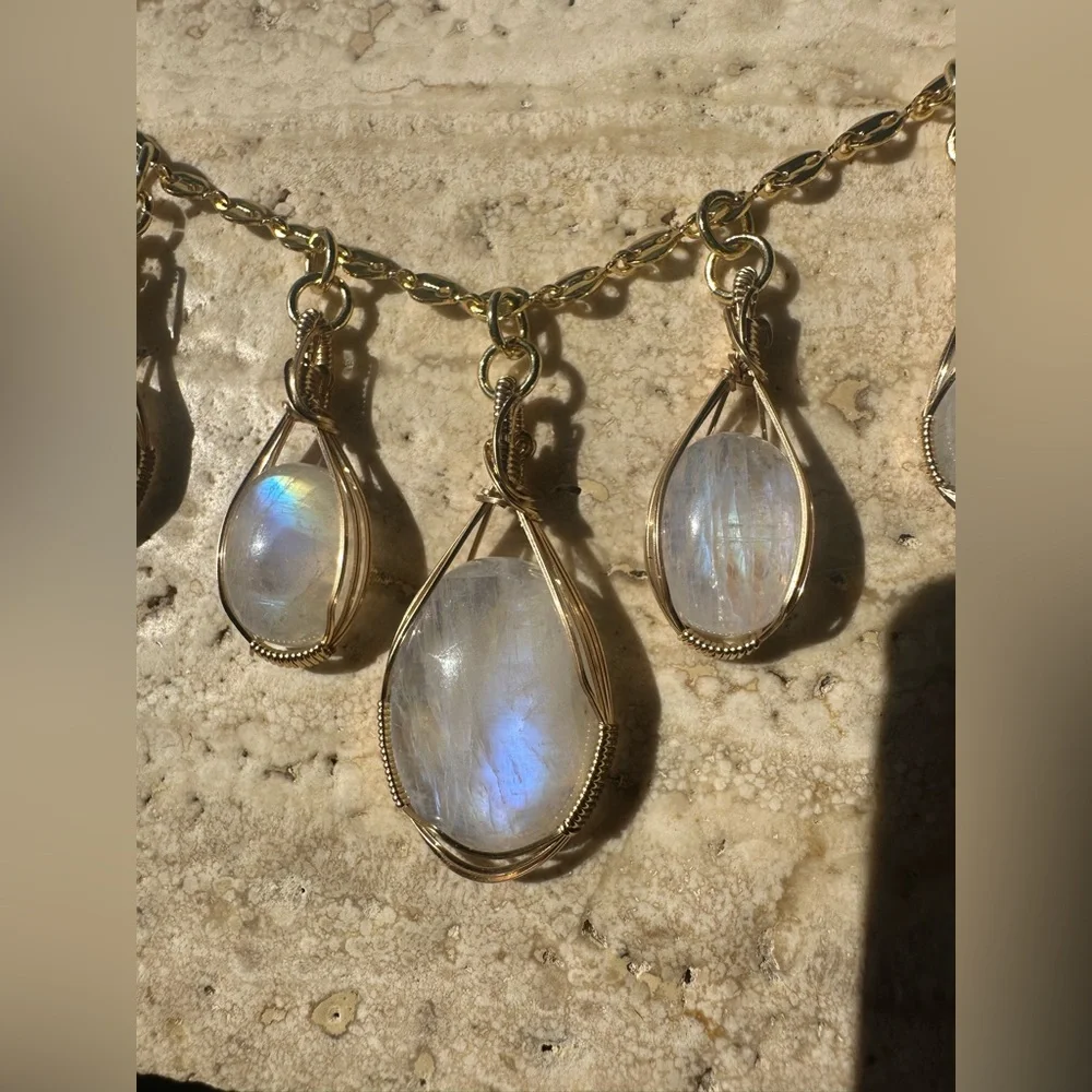 14k Gold Filled Rainbow Moonstone Gypsy Boho Necklace